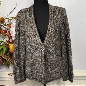 LOFT Wool Alpaca Cable Knit Blue Chocolate Brown Metallic Cardigan Sweater LP